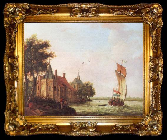 framed  Francis Swaine A wooded river landscape in Hoolland with a Dutch hooder under sail in a brisk wind, ta009-2